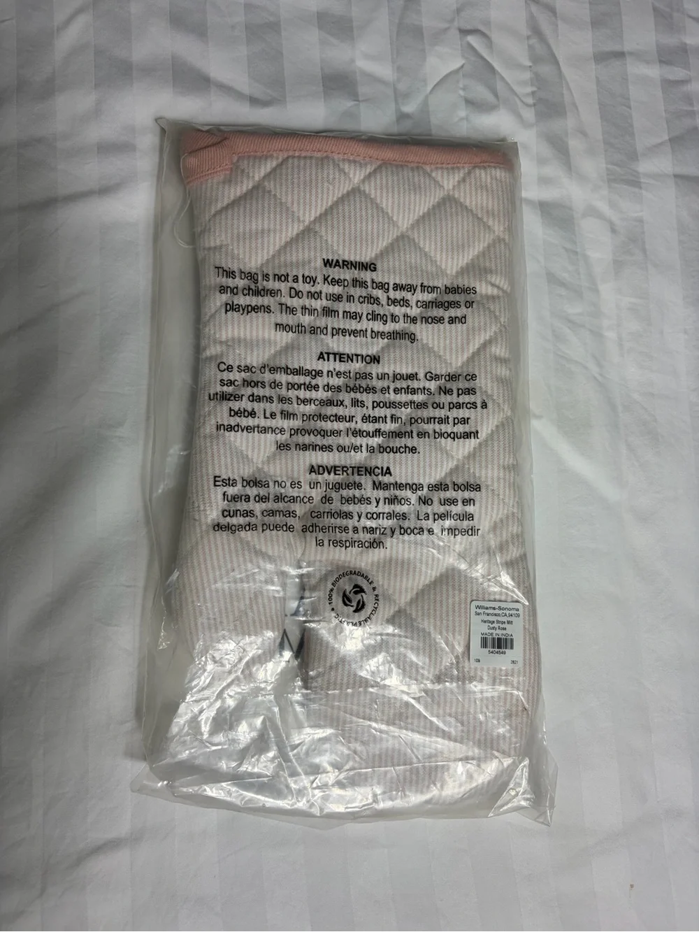NWT Williams Sonoma heritage stripe oven mitt in dusty rose